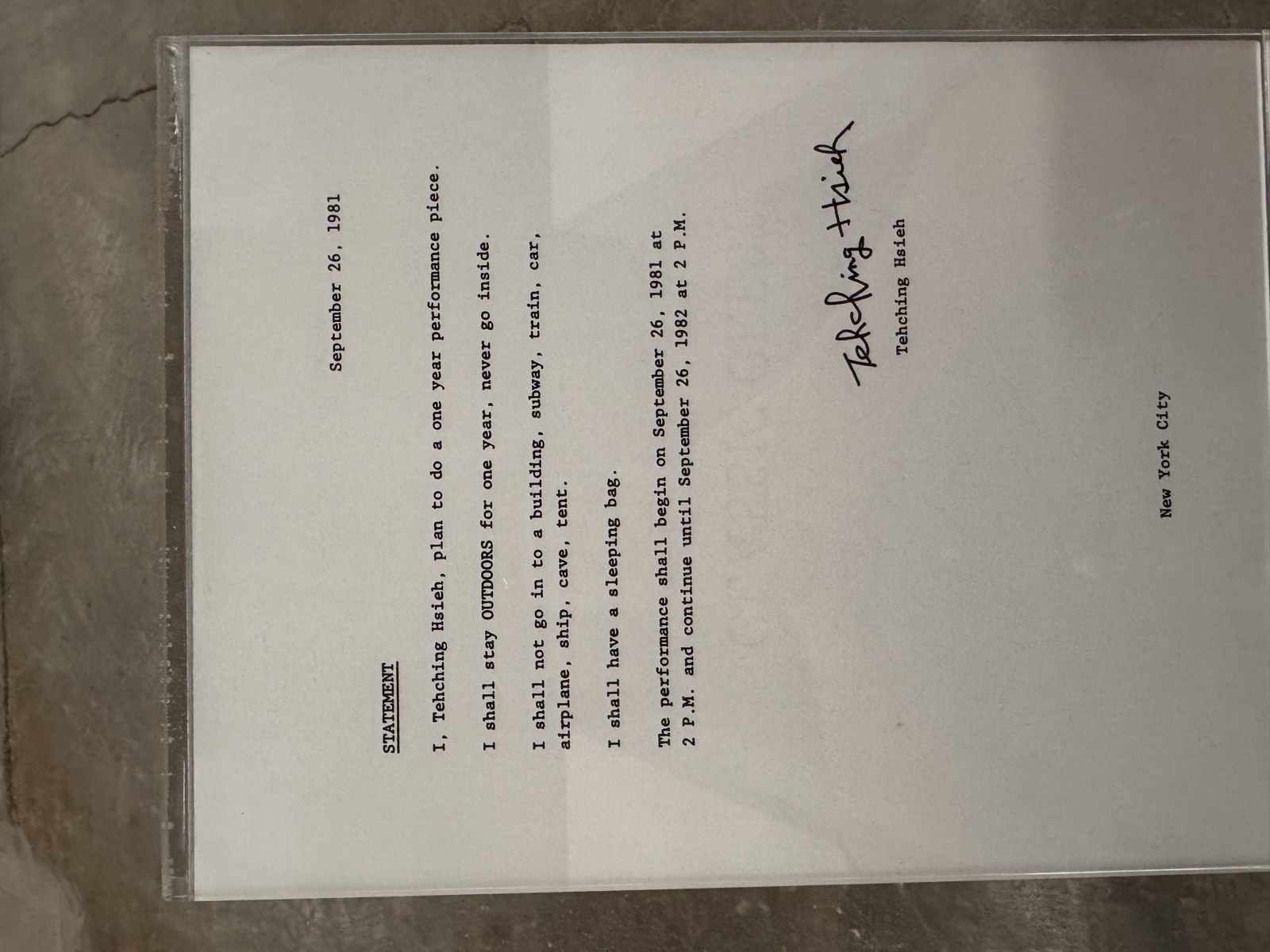One Year Performance 1981–1982 (Outdoor Piece), Tehching Hsieh